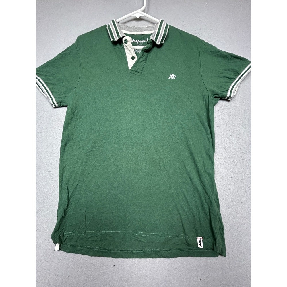 Aeropostale Polo Shirt 100% Cotton Green Solid Medium Mens